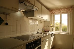 FeWo II voll eingerichtete Kueche mit Herd und Blick ins Gruene